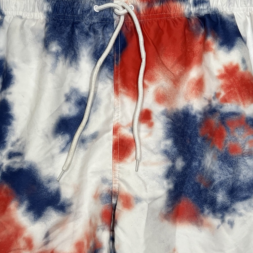CELEBRATE Patriotic Tie Dye Swim Trunks Shorts Red Blue Mesh Lined Men 2XL 44/46 - Picture 2 of 11